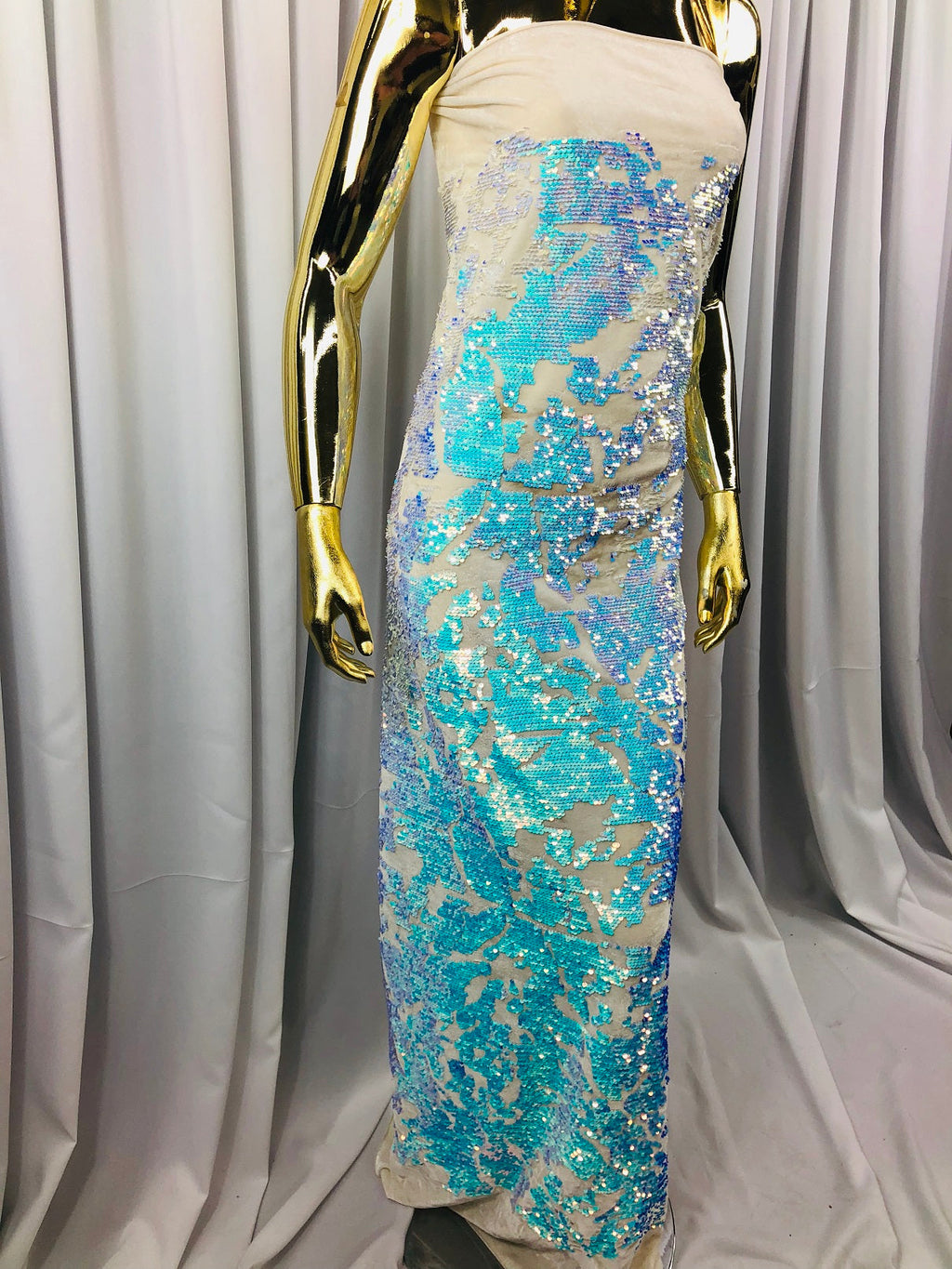 Velvet 4 Way Stretch Shiny Irreversible Sequins Fabric - Iridescent Aqua/White Ivory Velvet