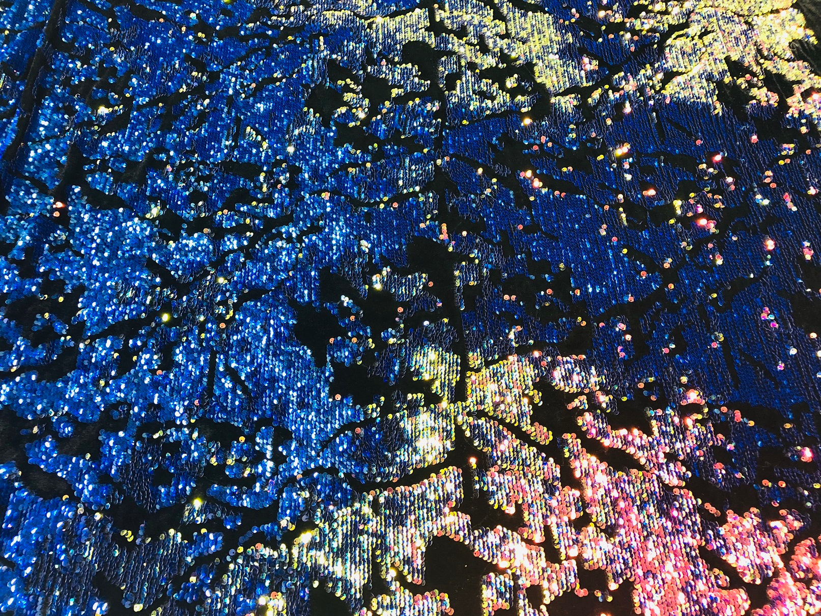 Velvet 4 Way Stretch Shiny Irreversible Sequins Fabric - Iridescent Royal Blue on Black Velvet