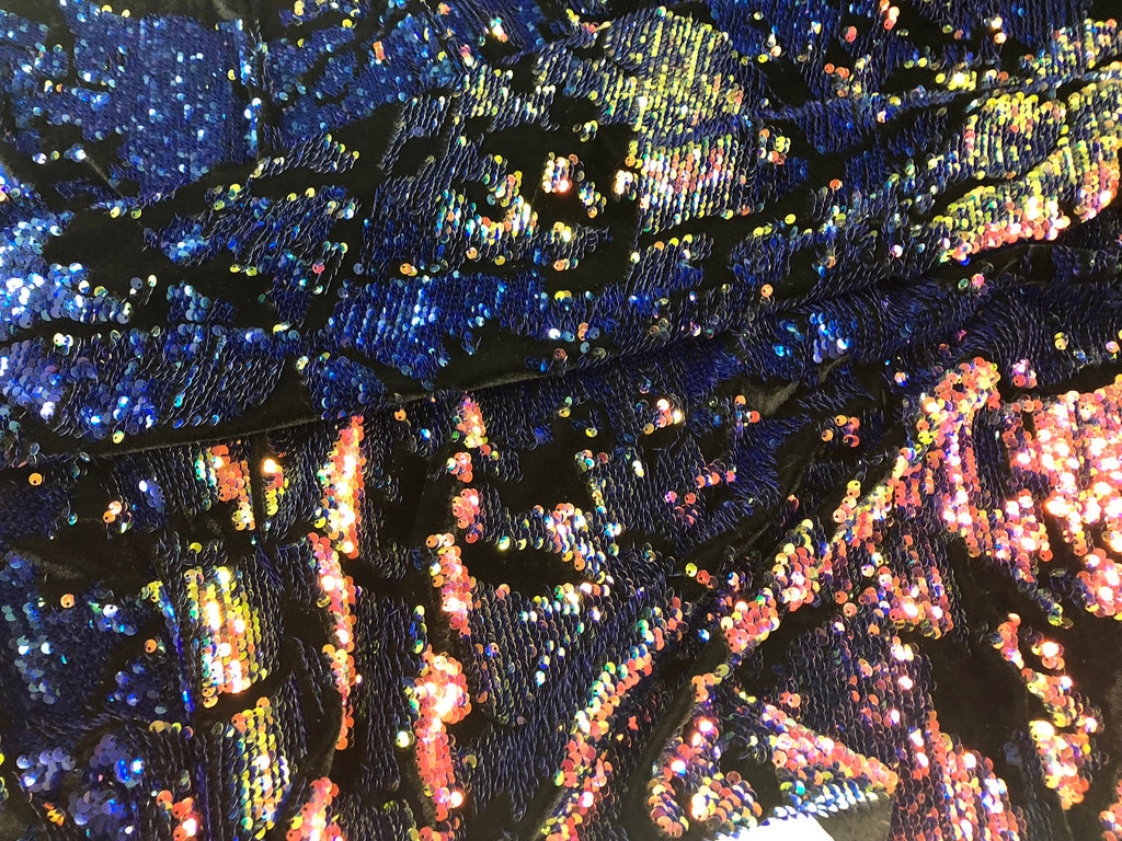 Velvet 4 Way Stretch Shiny Irreversible Sequins Fabric - Iridescent Royal Blue on Black Velvet