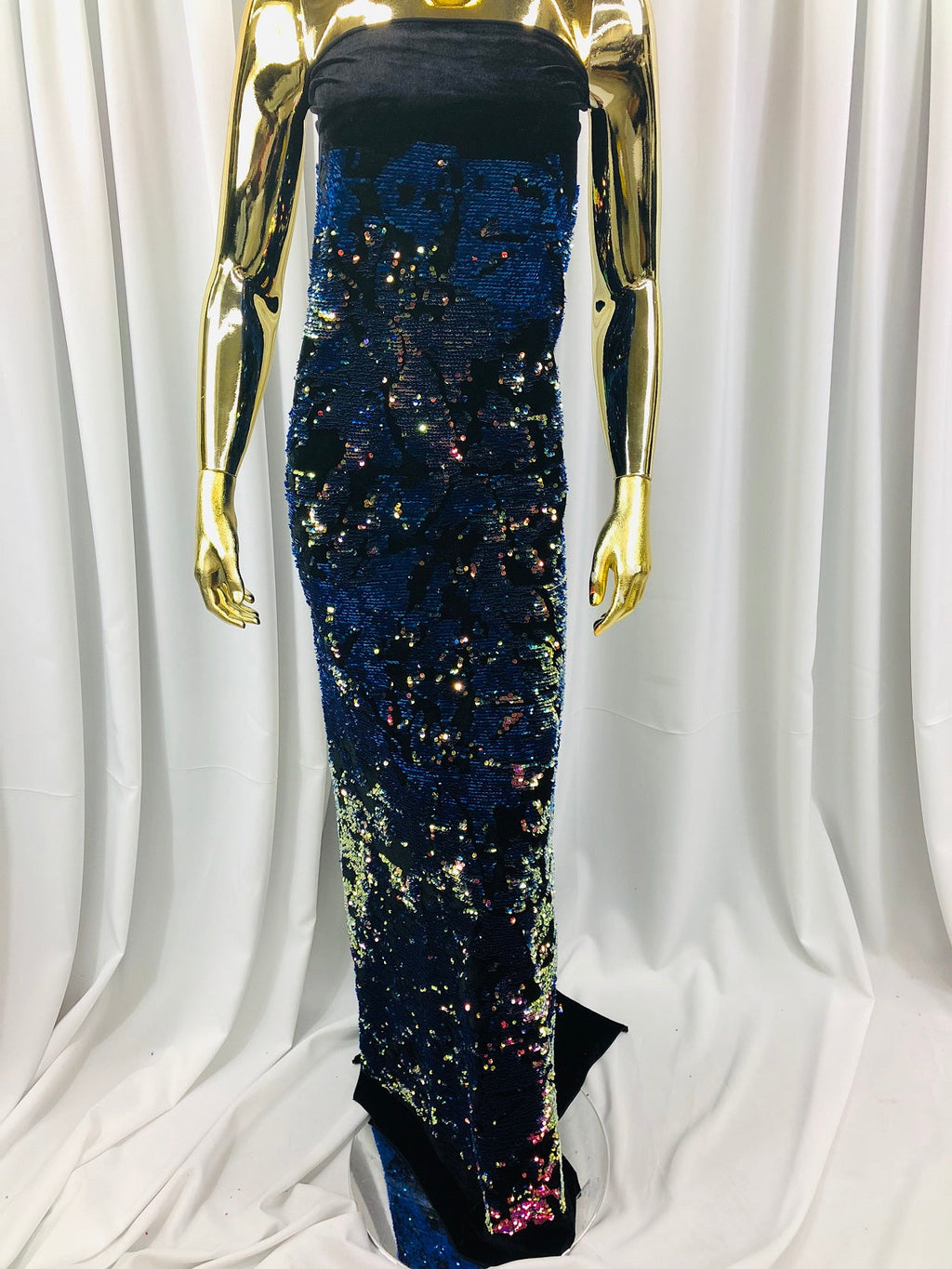 Velvet 4 Way Stretch Shiny Irreversible Sequins Fabric - Iridescent Royal Blue on Black Velvet