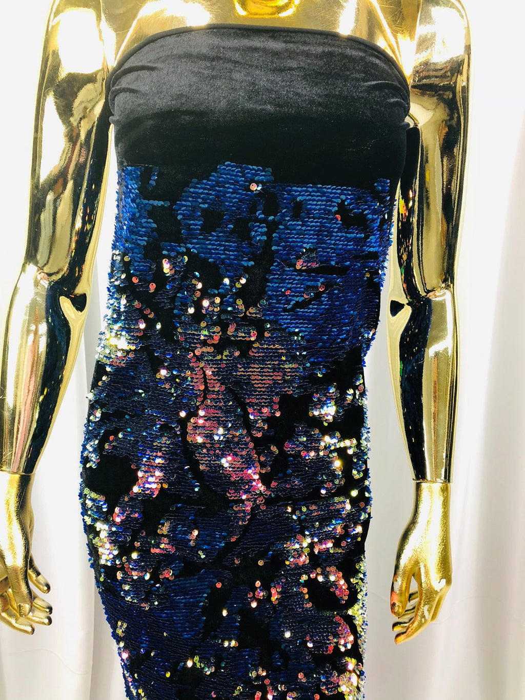 Velvet 4 Way Stretch Shiny Irreversible Sequins Fabric - Iridescent Royal Blue on Black Velvet