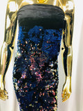 Velvet 4 Way Stretch Shiny Irreversible Sequins Fabric - Iridescent Royal Blue on Black Velvet