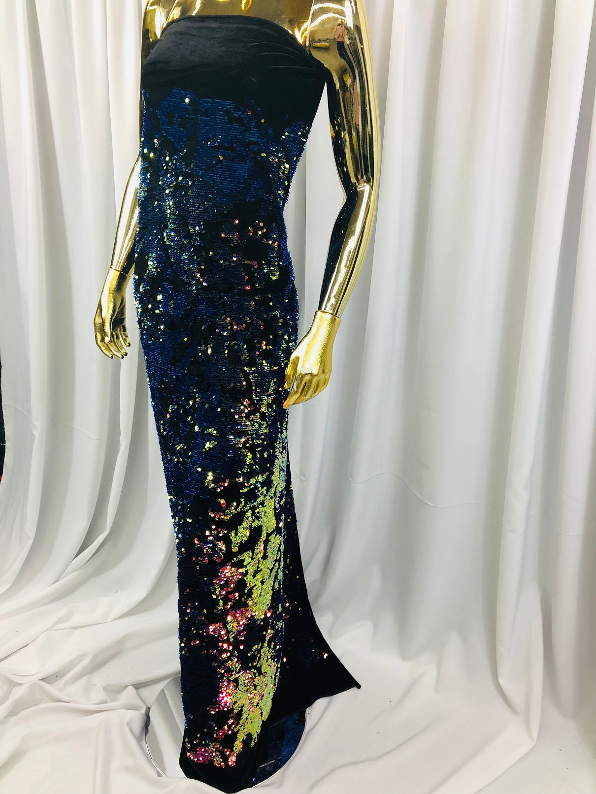 Velvet 4 Way Stretch Shiny Irreversible Sequins Fabric - Iridescent Royal Blue on Black Velvet