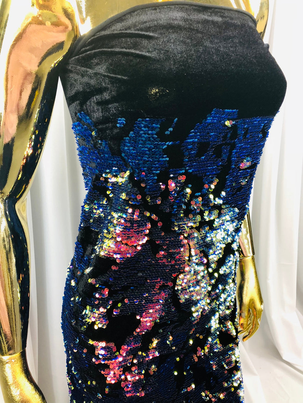 Velvet 4 Way Stretch Shiny Irreversible Sequins Fabric - Iridescent Royal Blue on Black Velvet