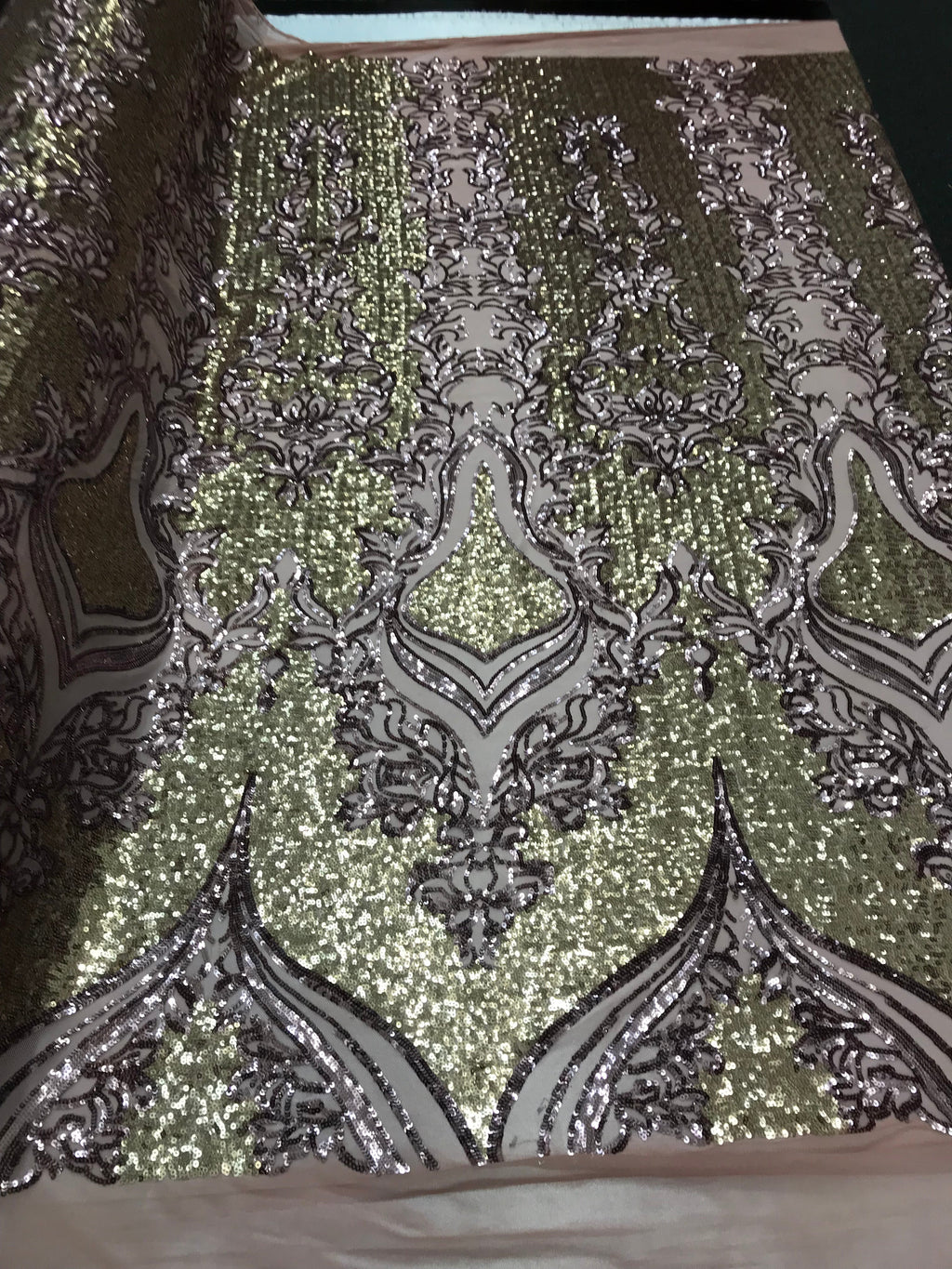 4 Way Stretch - Light Gold and Silver - Two Tone Flower Design Sequins On Stretch Mesh By The Yard
