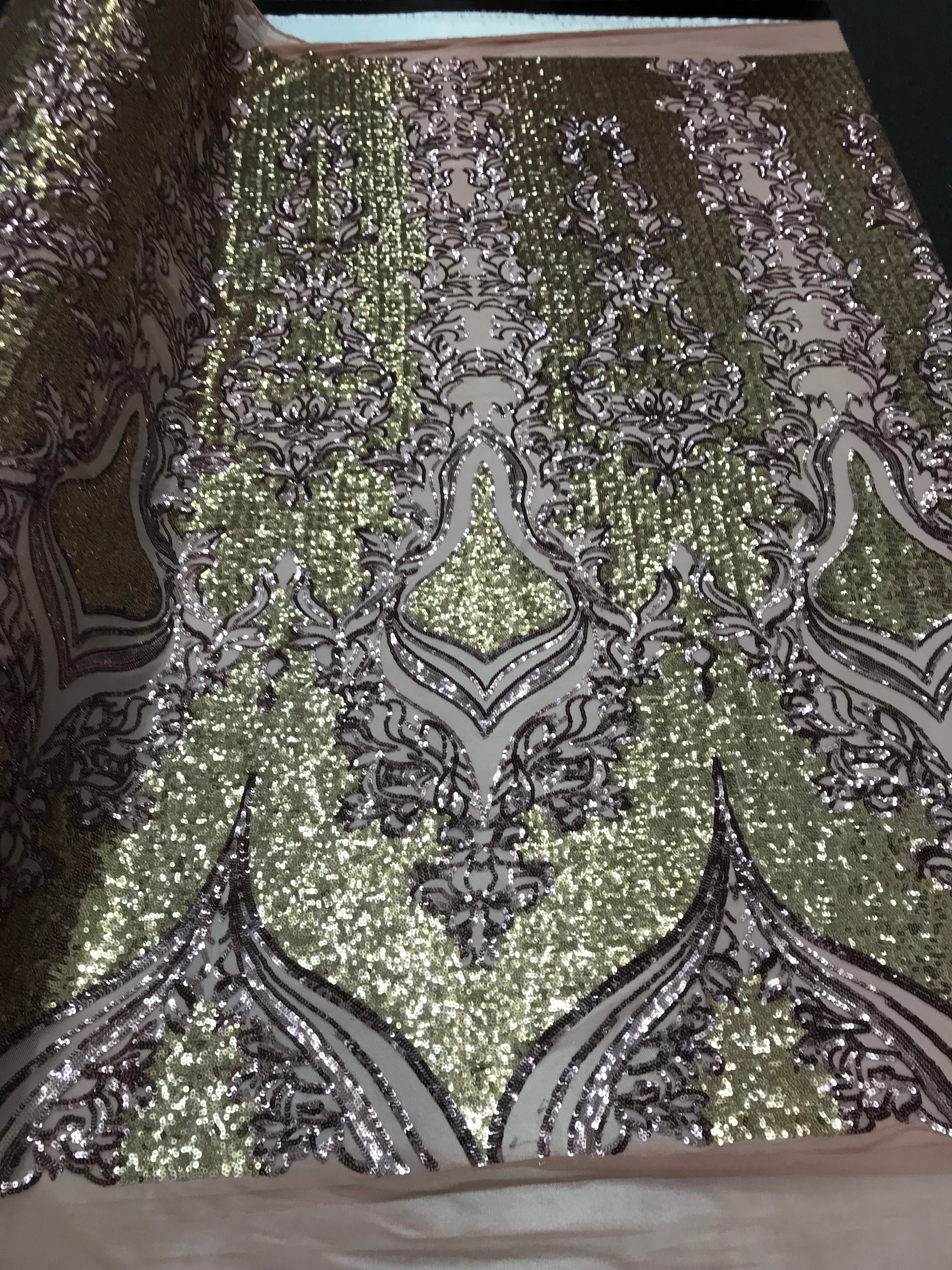 4 Way Stretch - Light Gold and Silver - Two Tone Flower Design Sequins On Stretch Mesh By The Yard