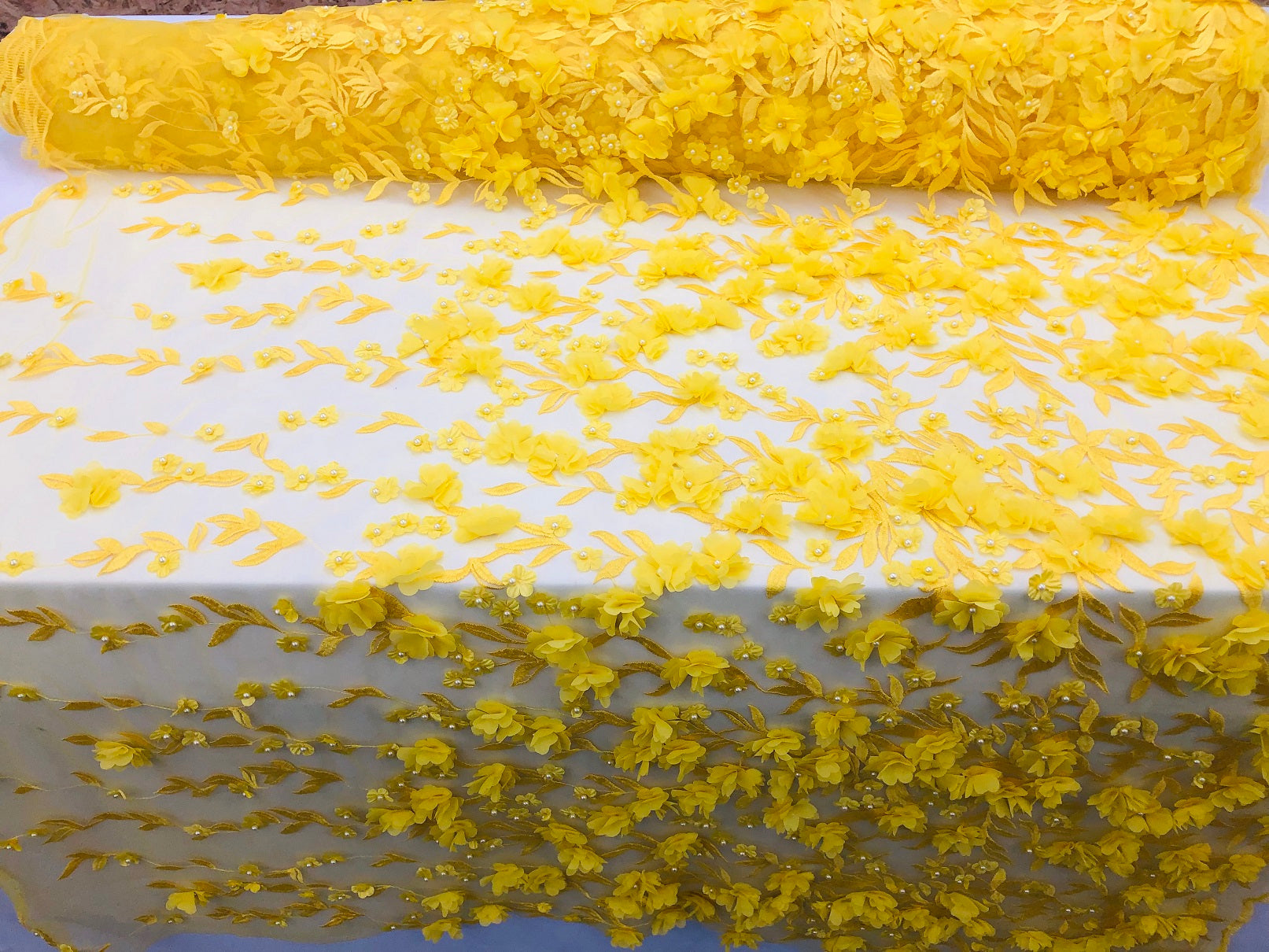 Flower 3D Fabric - Yellow - Embroided Fabric Flower Pearls and Leaf Decor Sold by The Yard