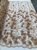 Flower 3D Fabric - Champagne  - Embroided Fabric Flower Pearls and Leaf Decor Sold by The Yard