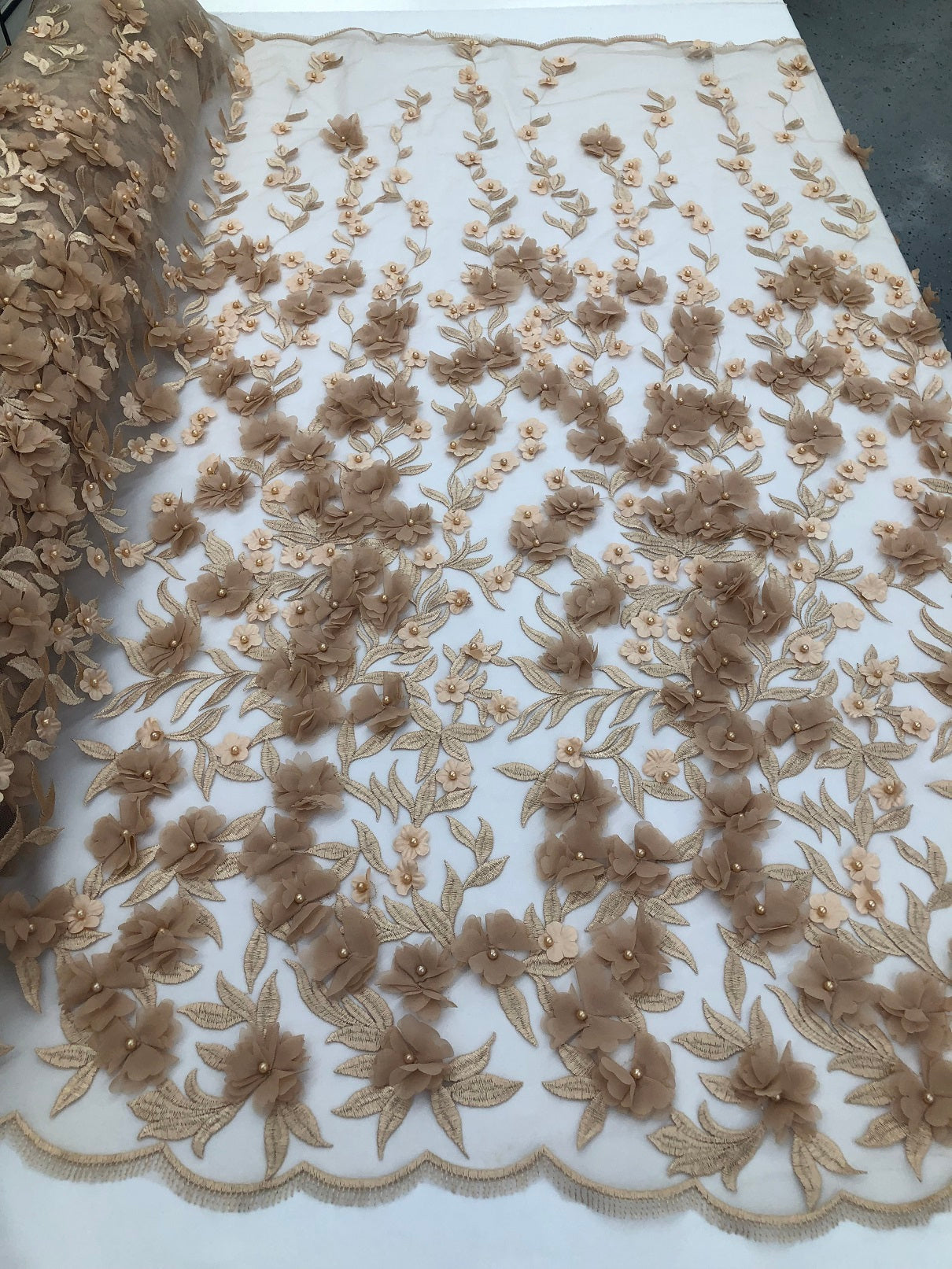 Flower 3D Fabric - Champagne  - Embroided Fabric Flower Pearls and Leaf Decor Sold by The Yard