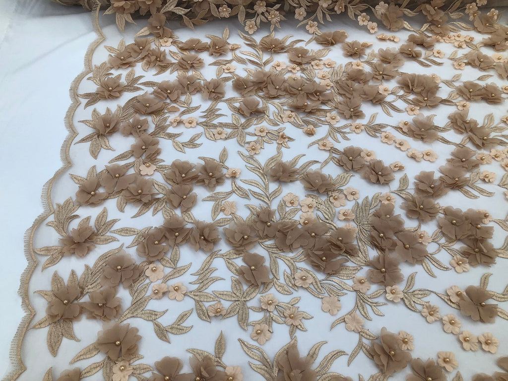 Flower 3D Fabric - Champagne  - Embroided Fabric Flower Pearls and Leaf Decor Sold by The Yard