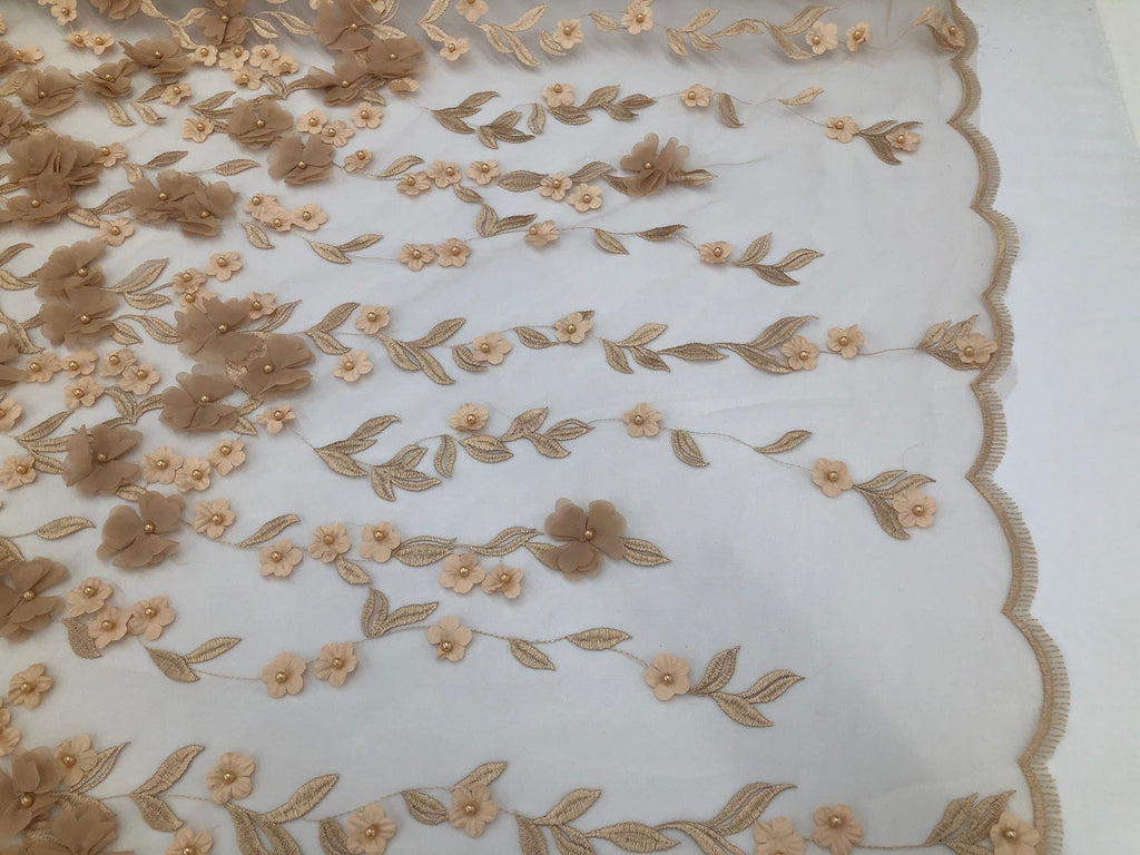 Flower 3D Fabric - Champagne  - Embroided Fabric Flower Pearls and Leaf Decor Sold by The Yard