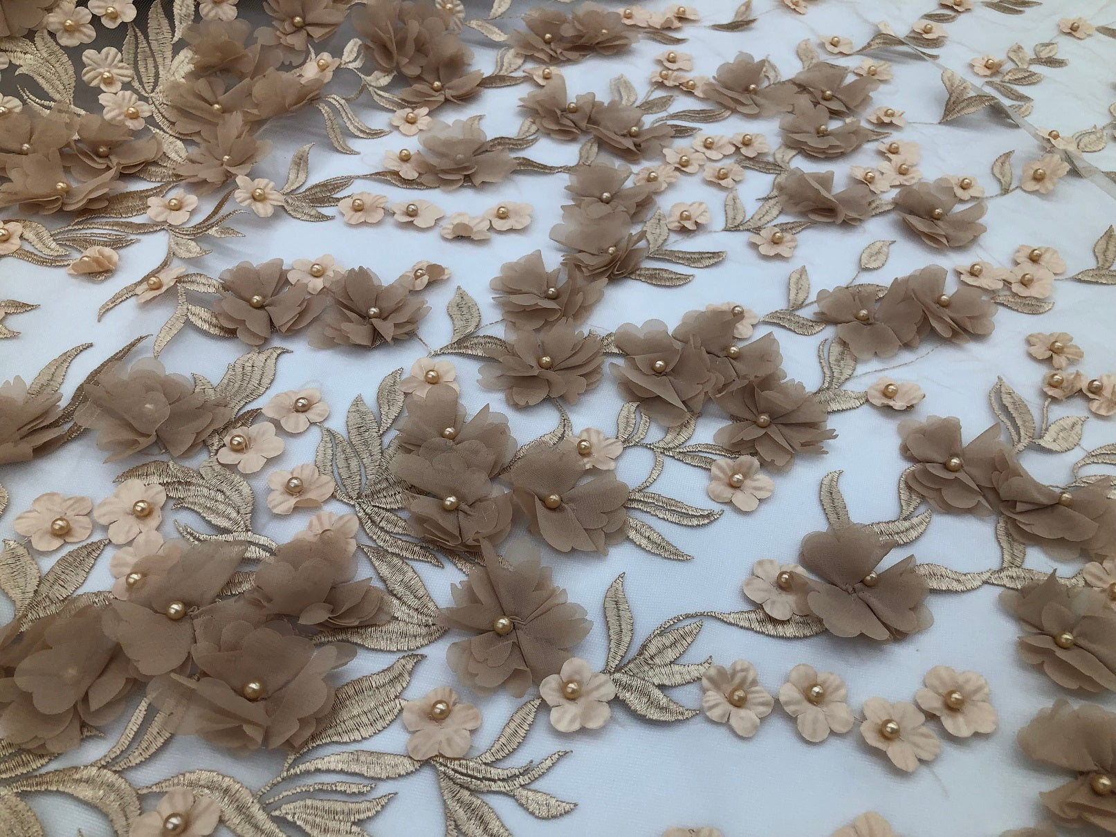 Flower 3D Fabric - Champagne  - Embroided Fabric Flower Pearls and Leaf Decor Sold by The Yard