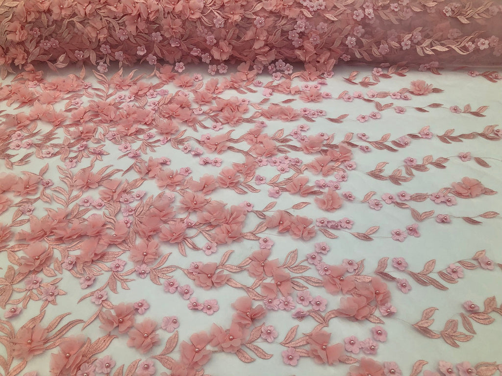 Flower 3D Fabric - Peach - Embroided Fabric Flower Pearls and Leaf Decor Sold by The Yard