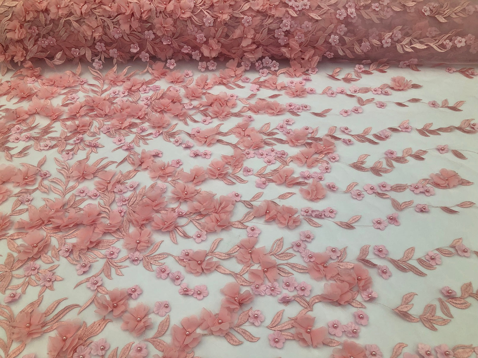 Flower 3D Fabric - Peach - Embroided Fabric Flower Pearls and Leaf Decor Sold by The Yard