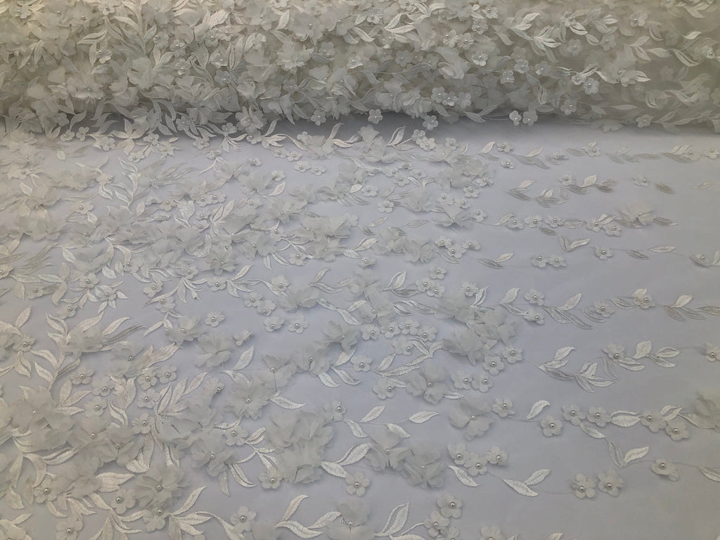 Flower 3D Fabric - Off-White - Embroided Fabric Flower Pearls and Leaf Decor Sold by The Yard