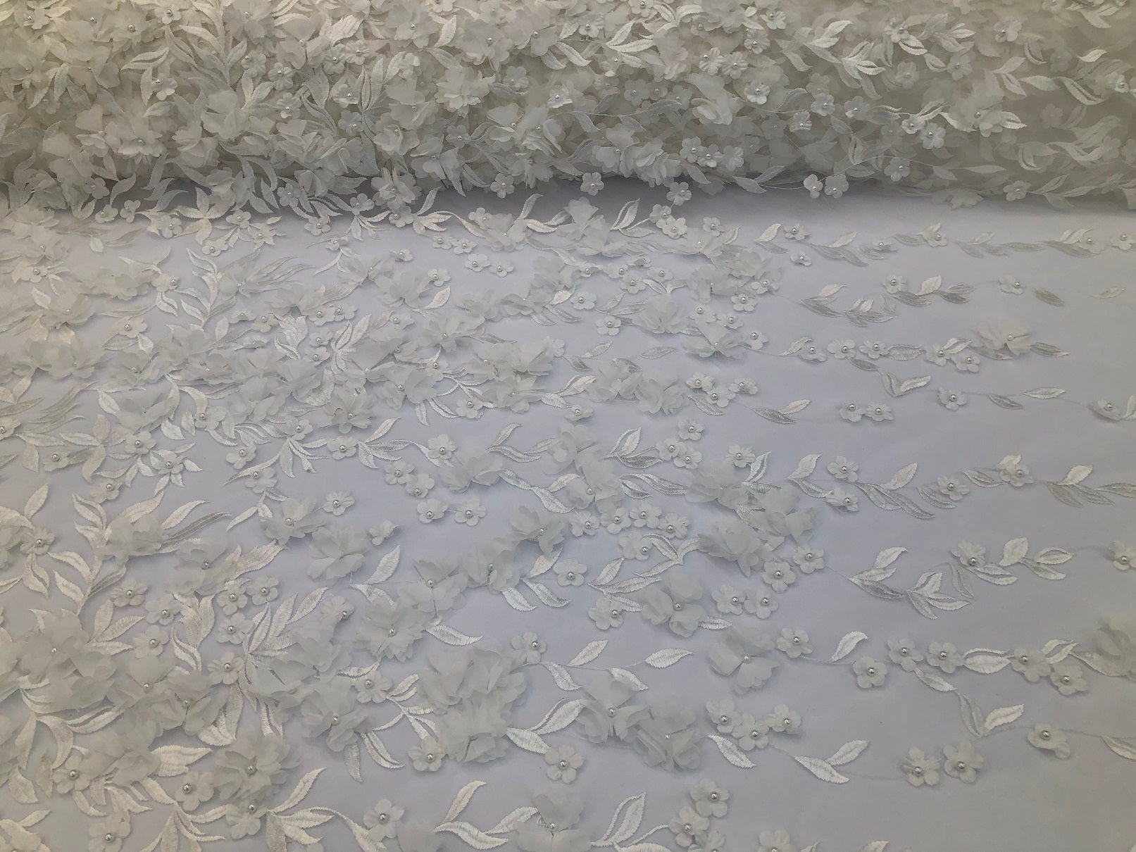 Flower 3D Fabric - Off-White - Embroided Fabric Flower Pearls and Leaf Decor Sold by The Yard