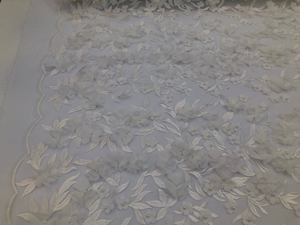 Flower 3D Fabric - Off-White - Embroided Fabric Flower Pearls and Leaf Decor Sold by The Yard