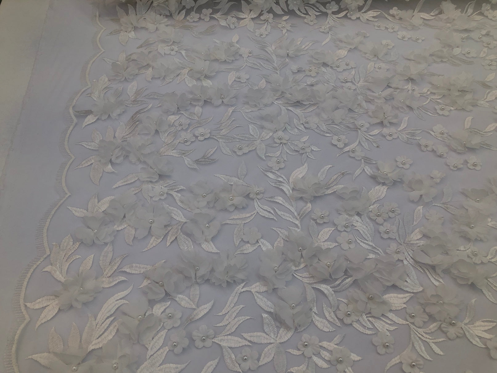 Flower 3D Fabric - Off-White - Embroided Fabric Flower Pearls and Leaf Decor Sold by The Yard