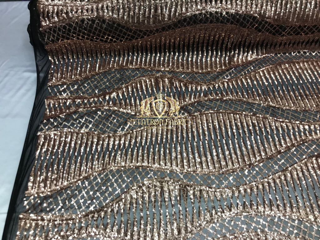 4 Way Stretch - Black And Gold - Horizontal Line Design Sequins On Stretch Mesh By The Yard