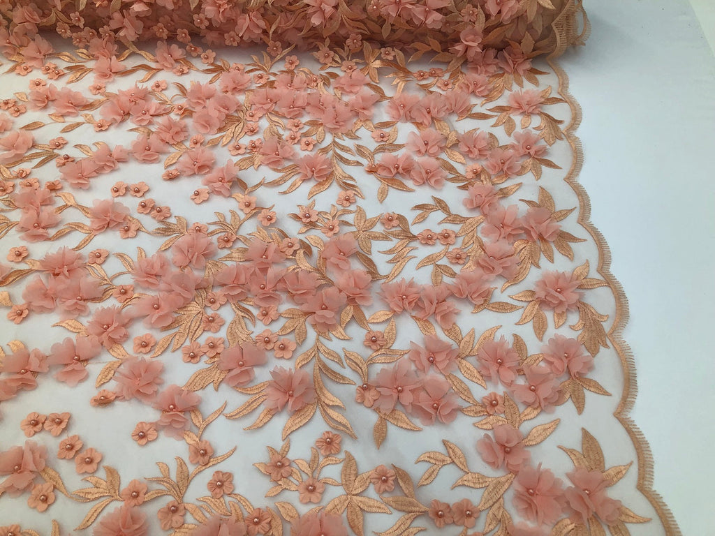 Flower 3D Fabric - Pink - Embroided Fabric Flower Pearls and Leaf Decor Sold by The Yard