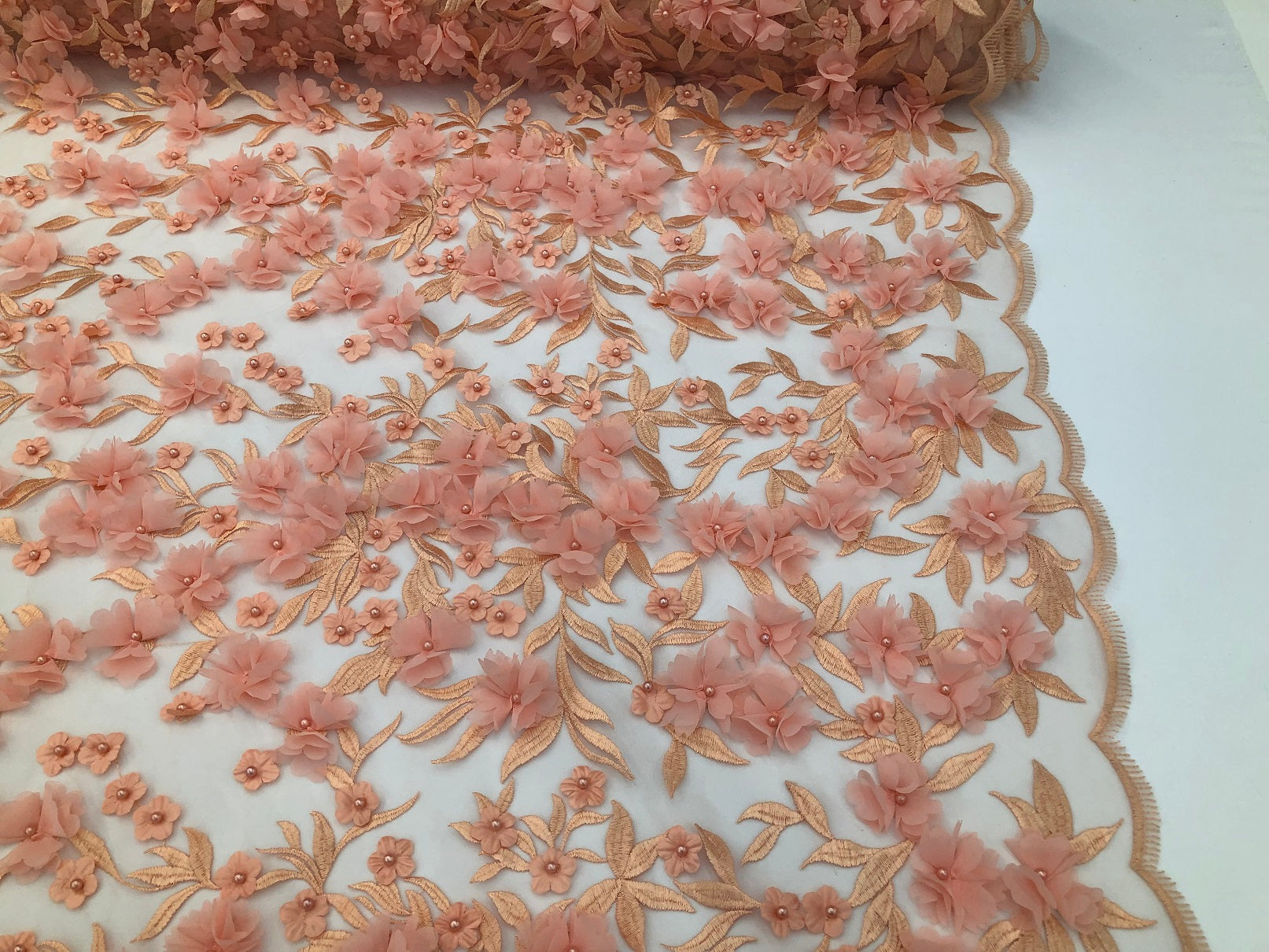 Flower 3D Fabric - Pink - Embroided Fabric Flower Pearls and Leaf Decor Sold by The Yard