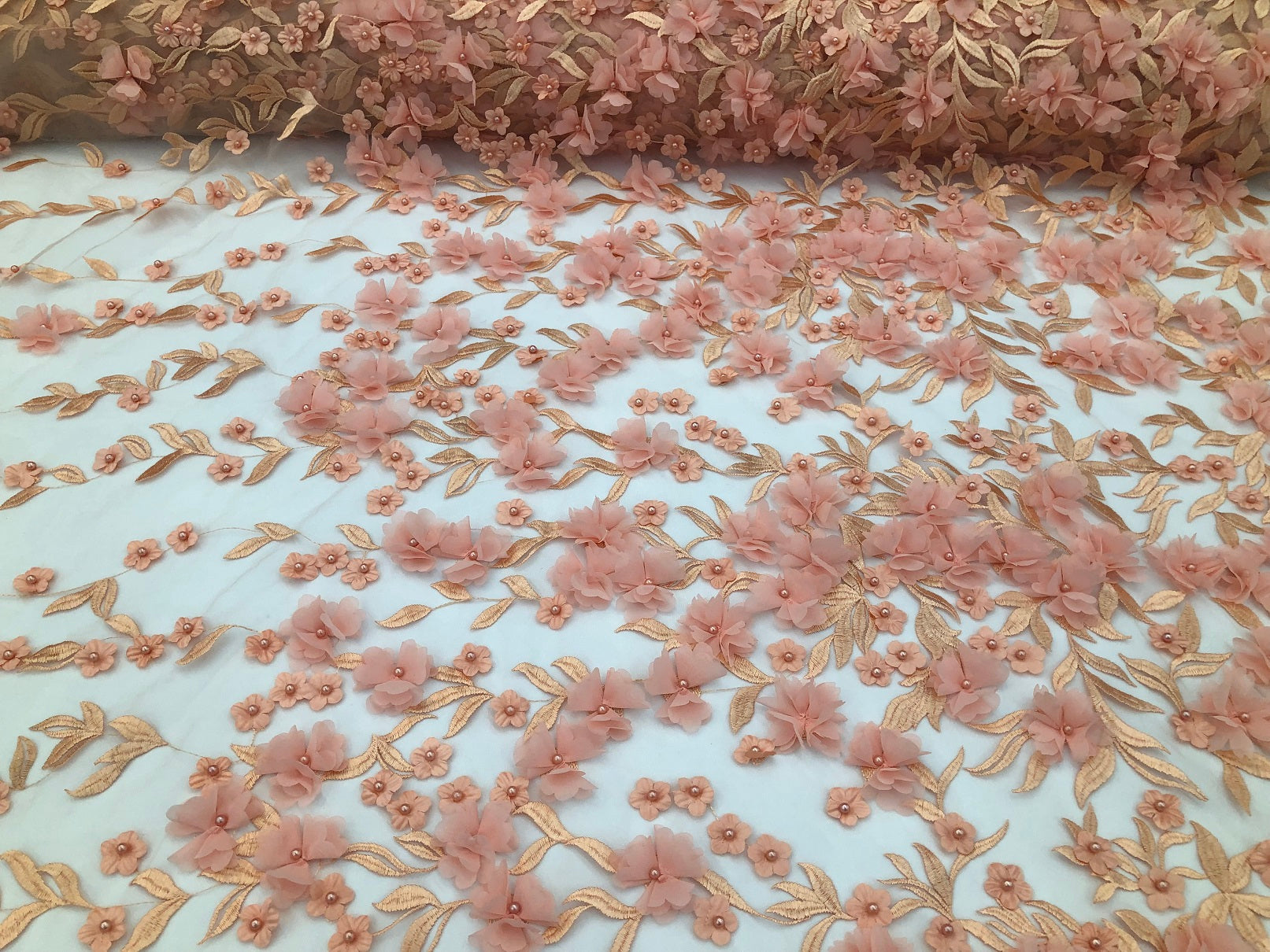 Flower 3D Fabric - Pink - Embroided Fabric Flower Pearls and Leaf Decor Sold by The Yard