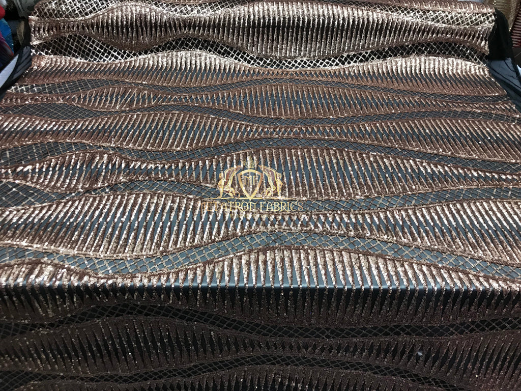 4 Way Stretch - Black And Gold - Horizontal Line Design Sequins On Stretch Mesh By The Yard