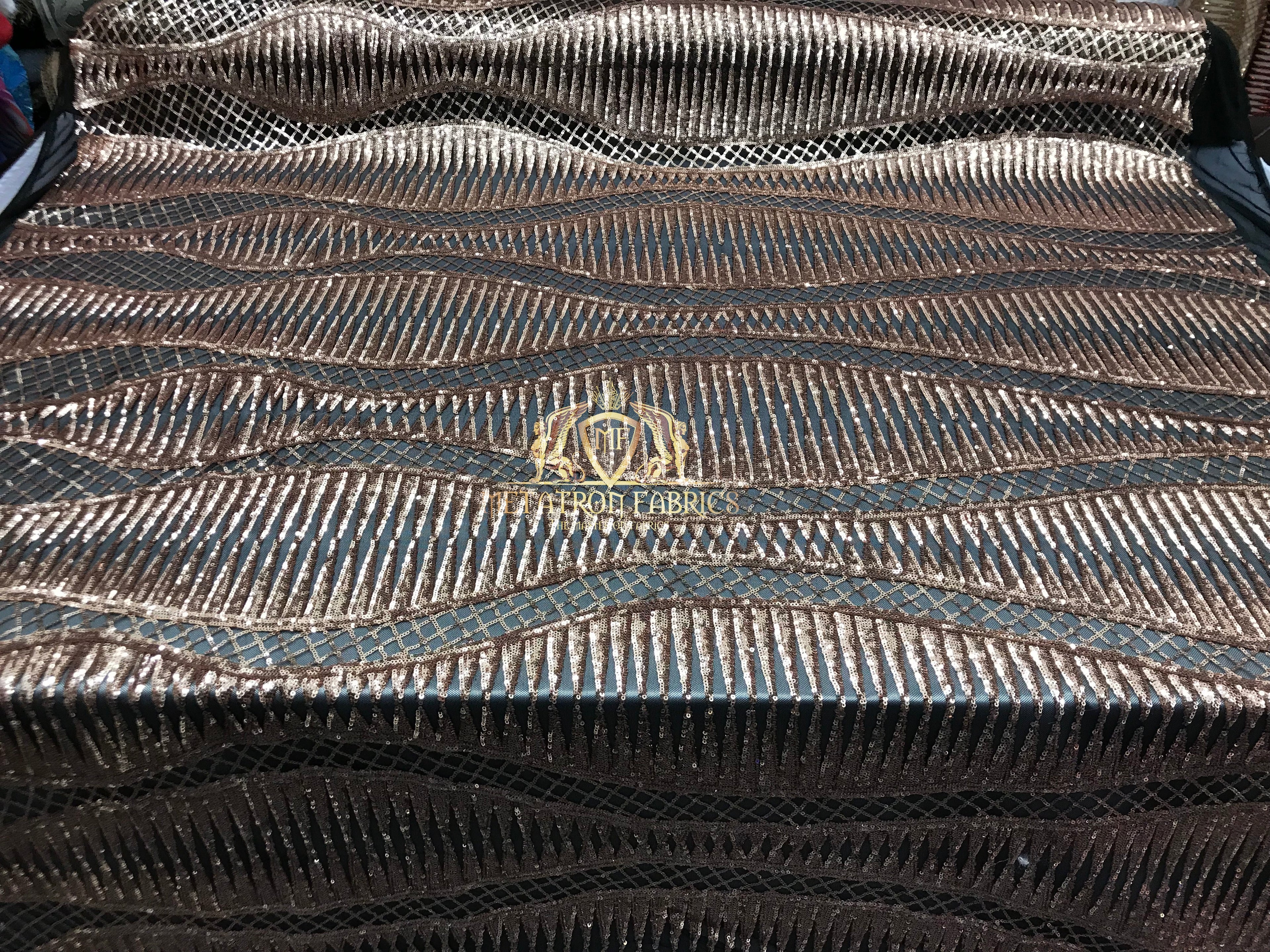 4 Way Stretch - Black And Gold - Horizontal Line Design Sequins On Stretch Mesh By The Yard