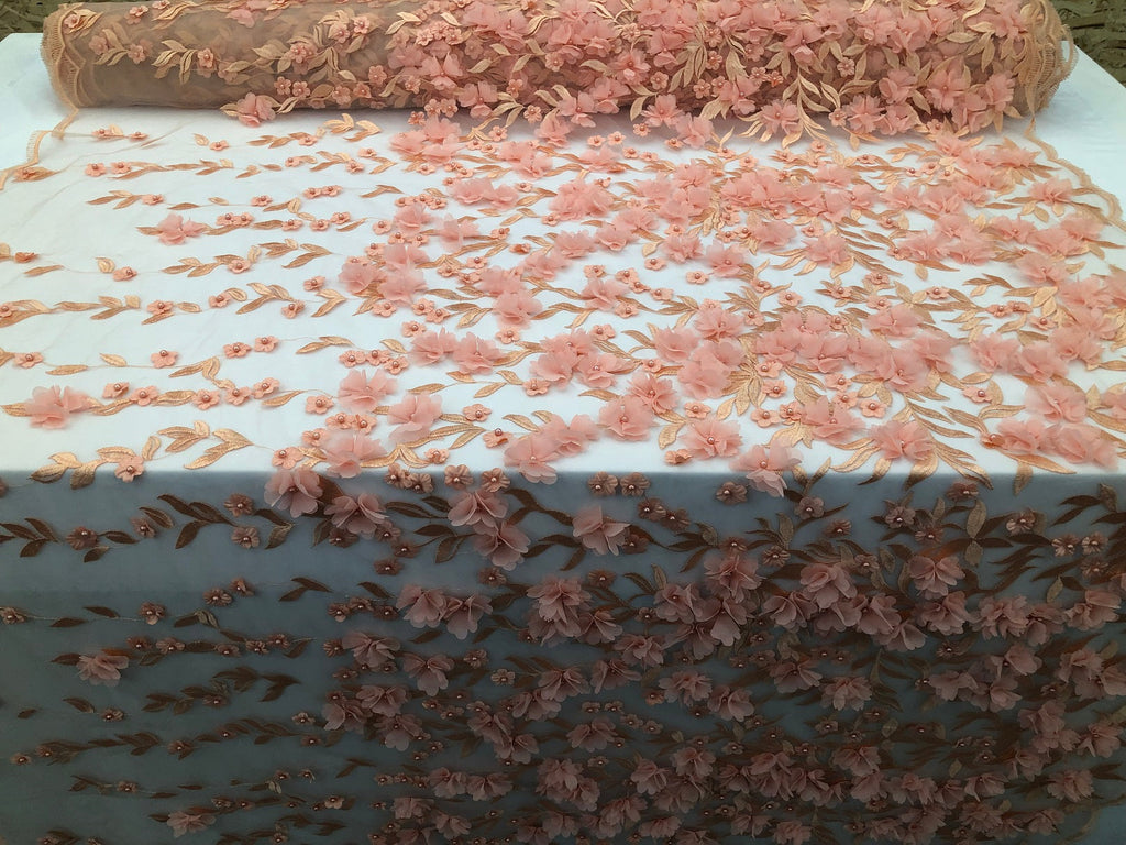 Flower 3D Fabric - Pink - Embroided Fabric Flower Pearls and Leaf Decor Sold by The Yard