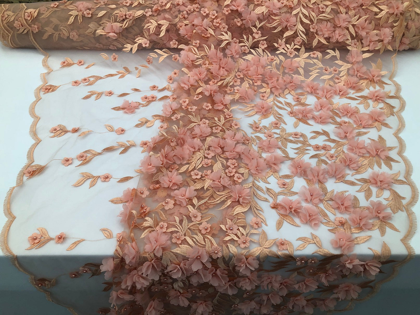 Flower 3D Fabric - Pink - Embroided Fabric Flower Pearls and Leaf Decor Sold by The Yard