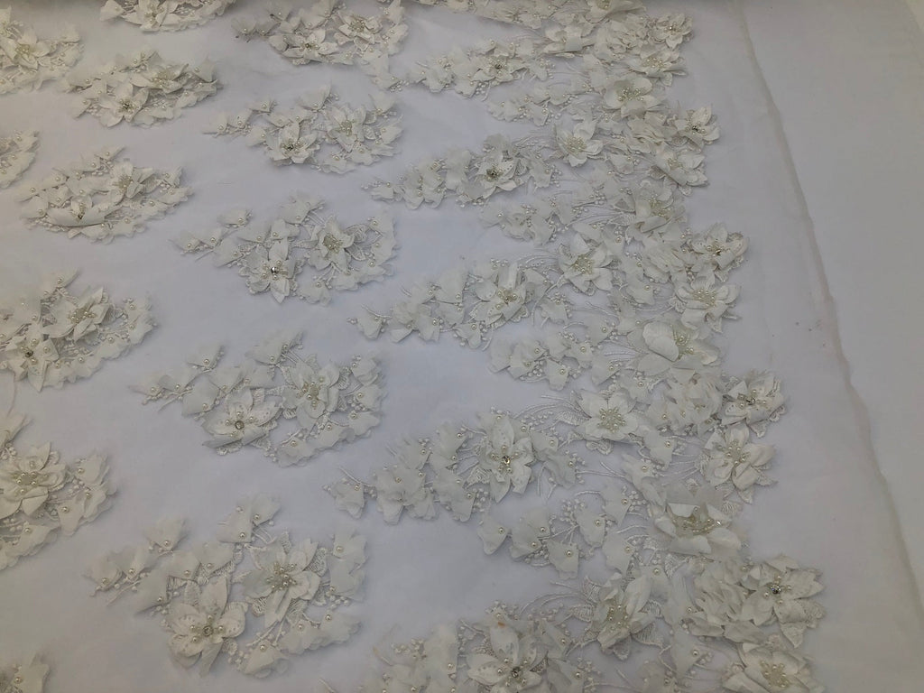 Floral 3D - Ivory Beaded Embroided Pattern with Pearls High Quality Fabric Sold by The Yard