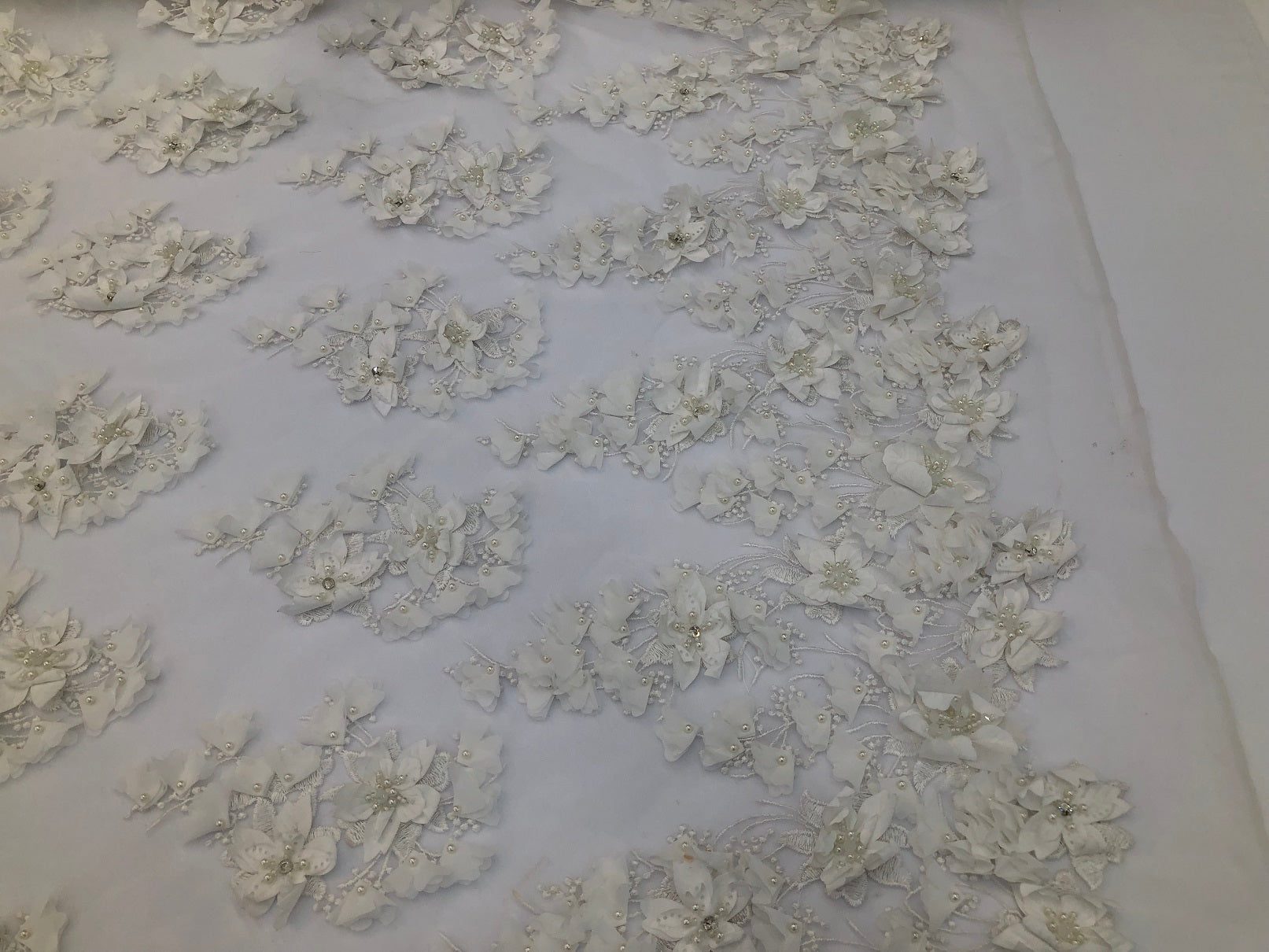 Floral 3D - Ivory Beaded Embroided Pattern with Pearls High Quality Fabric Sold by The Yard