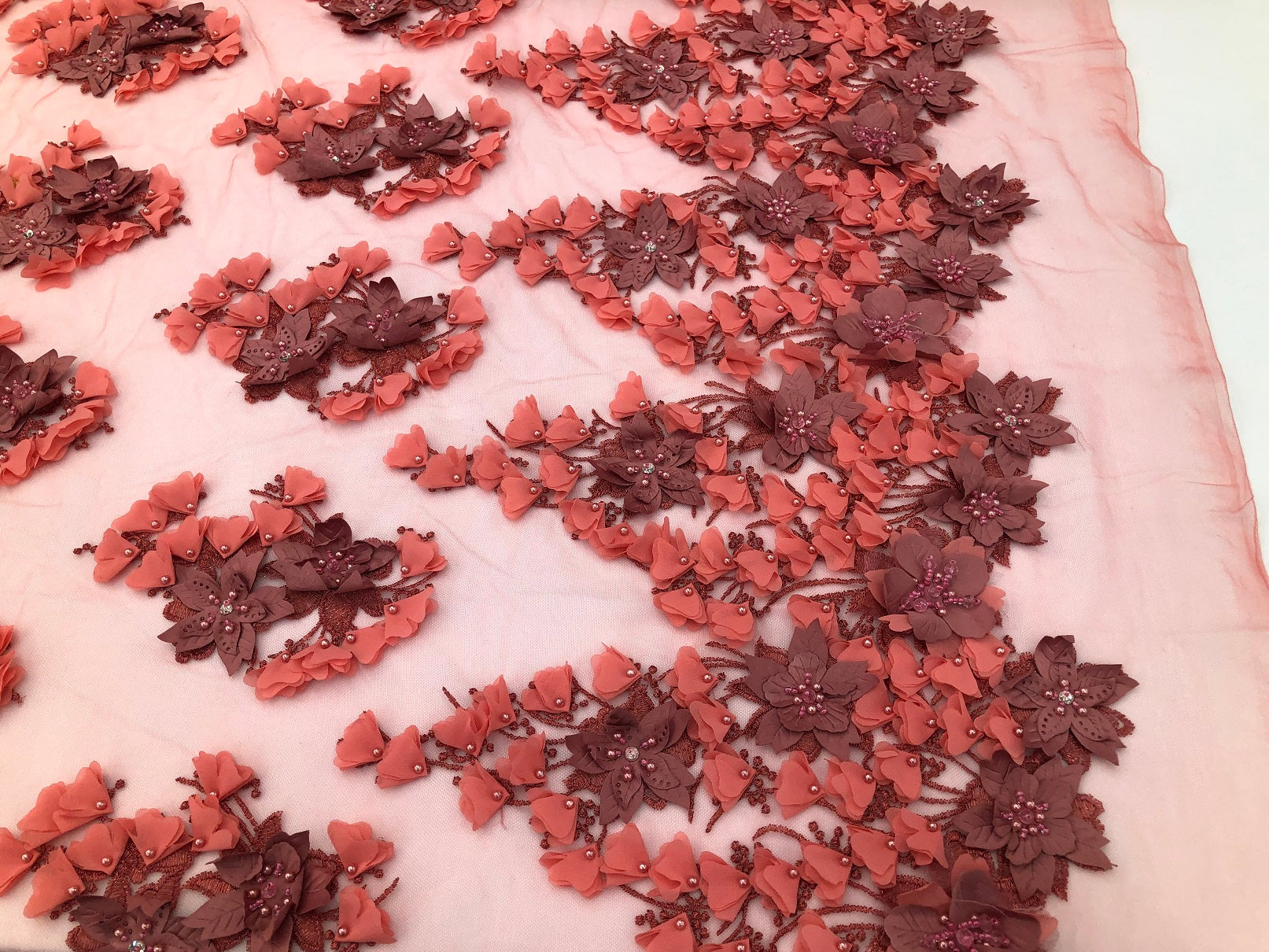 Floral 3D - Pink Beaded Embroided Pattern with Pearls High Quality Fabric Sold by The Yard