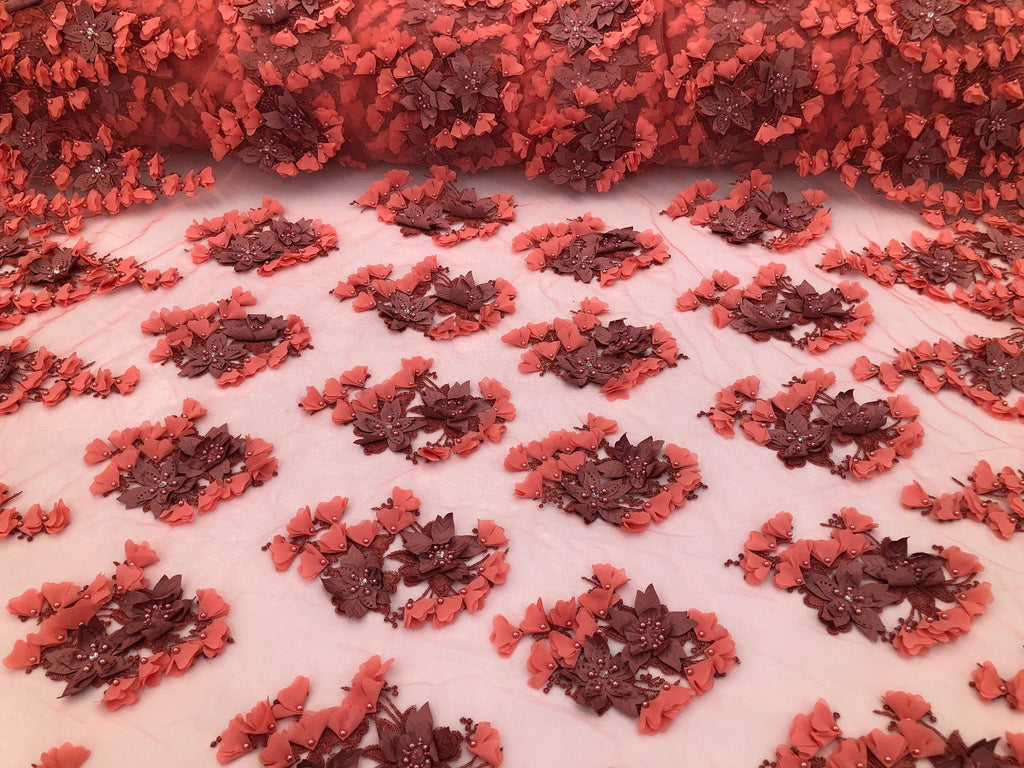 Floral 3D - Pink Beaded Embroided Pattern with Pearls High Quality Fabric Sold by The Yard
