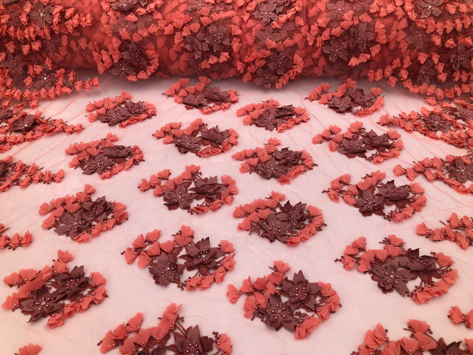 Floral 3D - Pink Beaded Embroided Pattern with Pearls High Quality Fabric Sold by The Yard