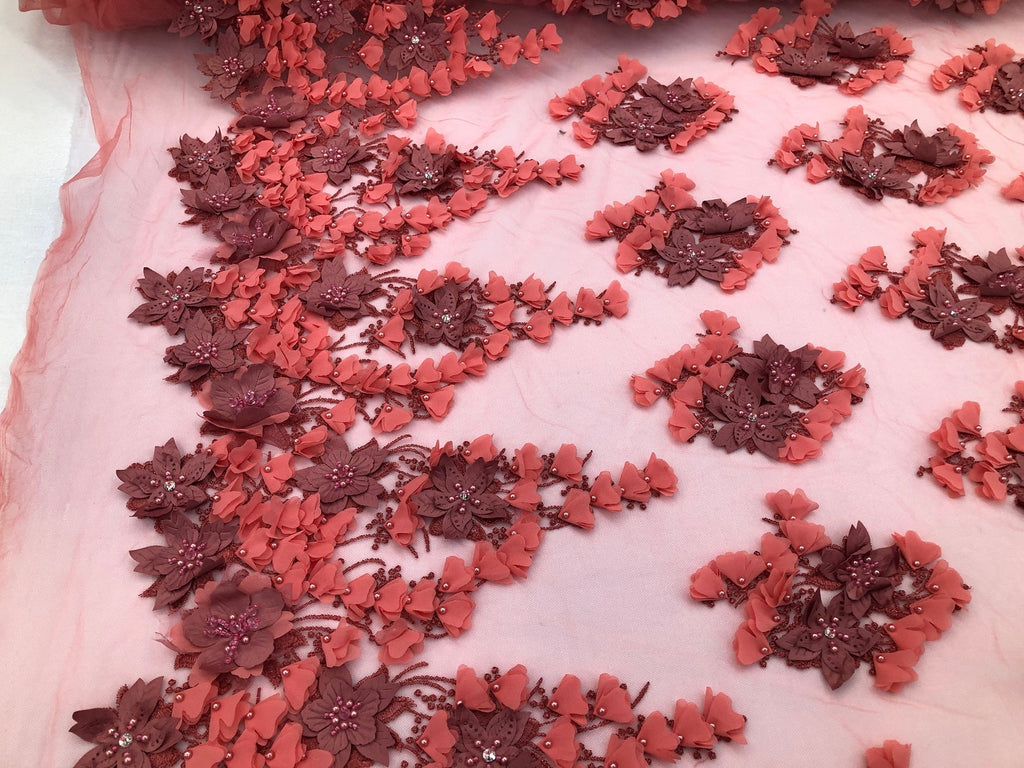 Floral 3D - Pink Beaded Embroided Pattern with Pearls High Quality Fabric Sold by The Yard