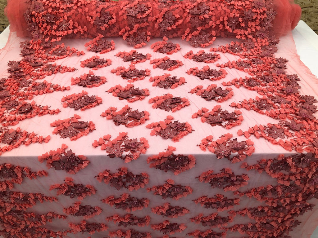 Floral 3D - Pink Beaded Embroided Pattern with Pearls High Quality Fabric Sold by The Yard