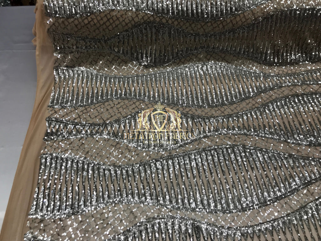 4 Way Stretch - Silver and Nude Mesh - Horizontal Line Design Sequins On Stretch Mesh By The Yard