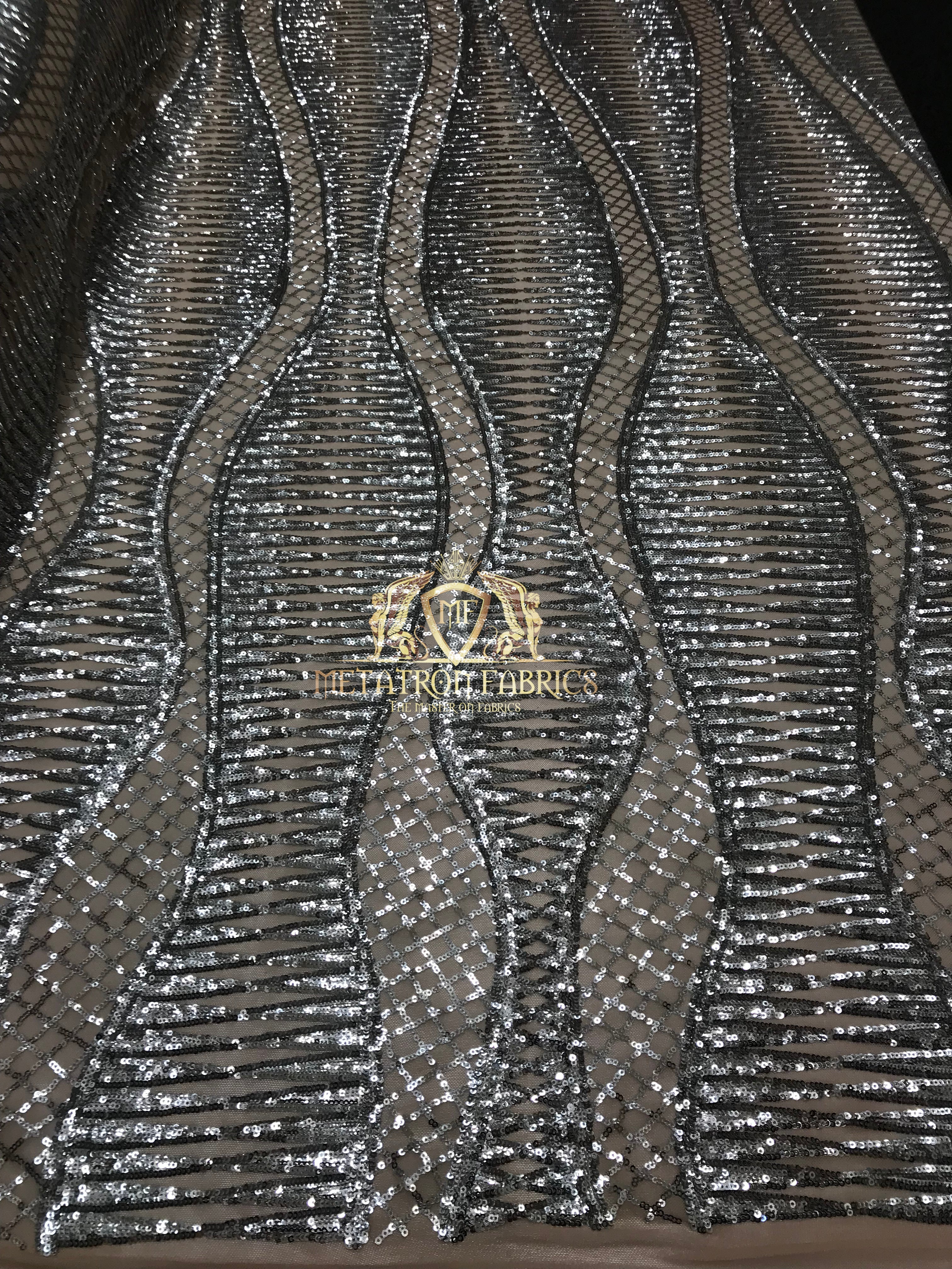 4 Way Stretch - Silver and Nude Mesh - Horizontal Line Design Sequins On Stretch Mesh By The Yard