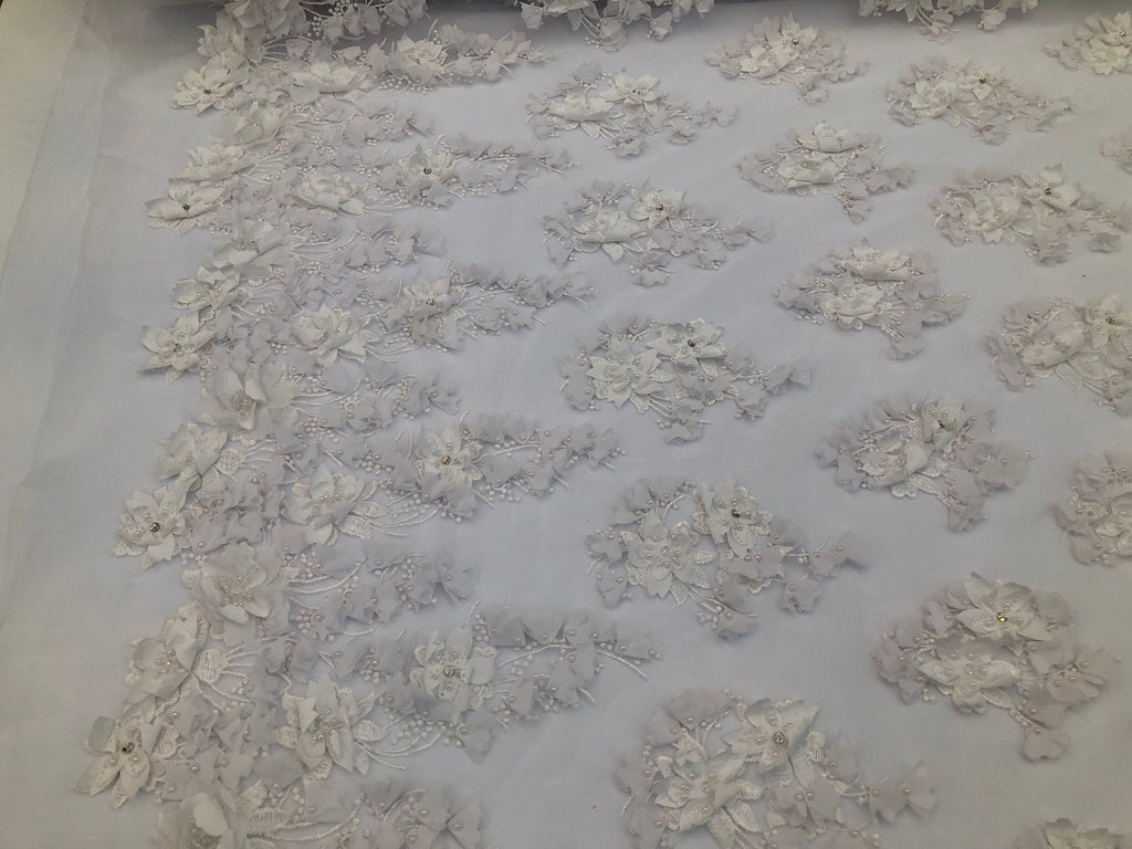 Floral 3D - Off-White Beaded Embroided Pattern with Pearls High Quality Fabric Sold by The Yard