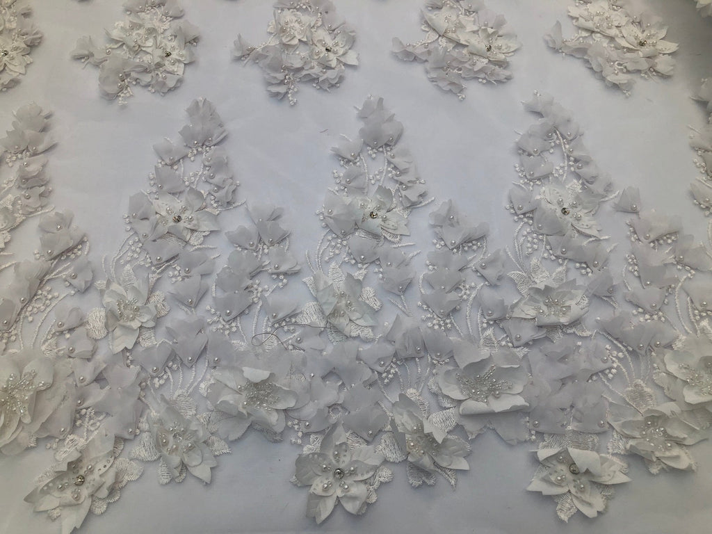 Floral 3D - Off-White Beaded Embroided Pattern with Pearls High Quality Fabric Sold by The Yard