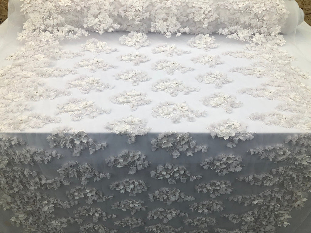 Floral 3D - Off-White Beaded Embroided Pattern with Pearls High Quality Fabric Sold by The Yard