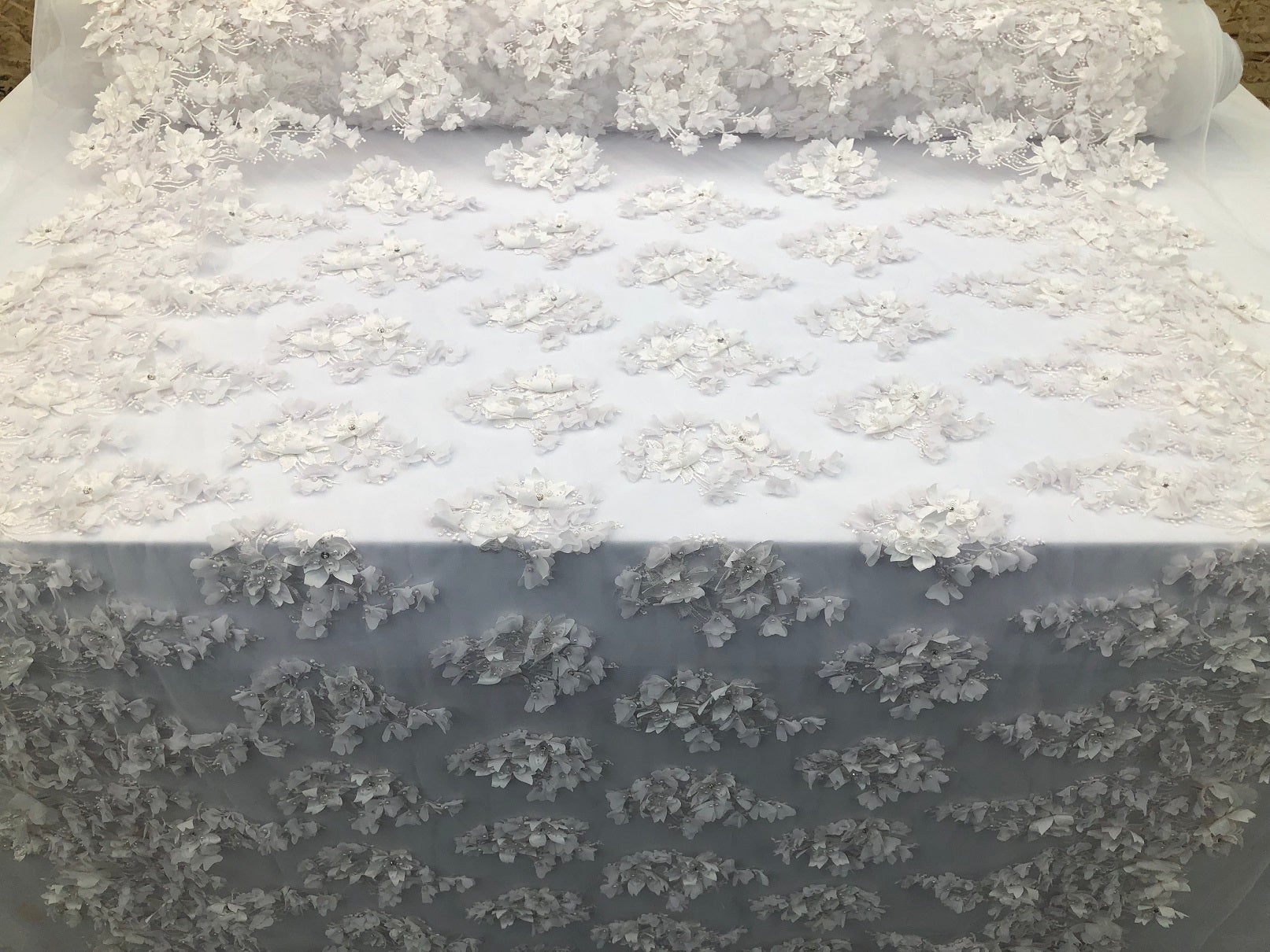 Floral 3D - Off-White Beaded Embroided Pattern with Pearls High Quality Fabric Sold by The Yard