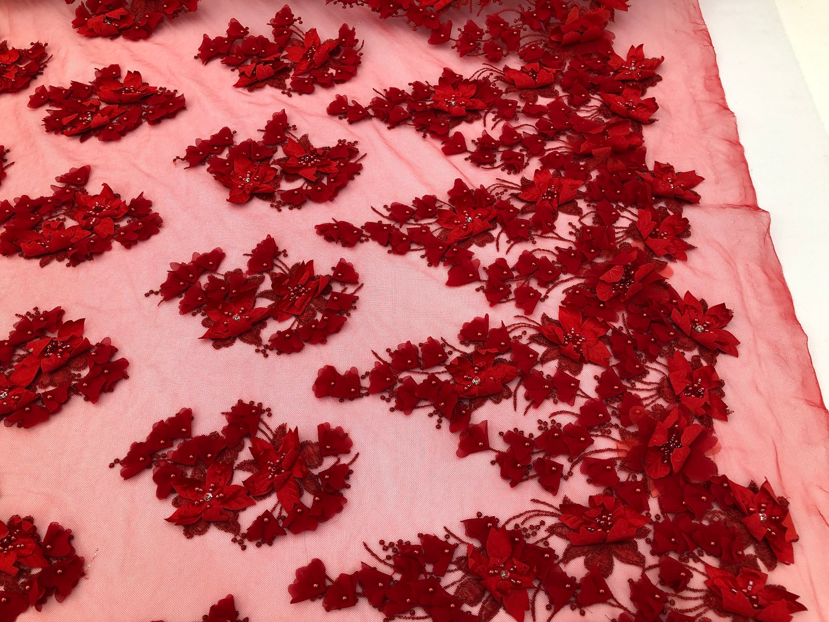 Floral 3D - Red Beaded Embroided Pattern with Pearls High Quality Fabric Sold by The Yard