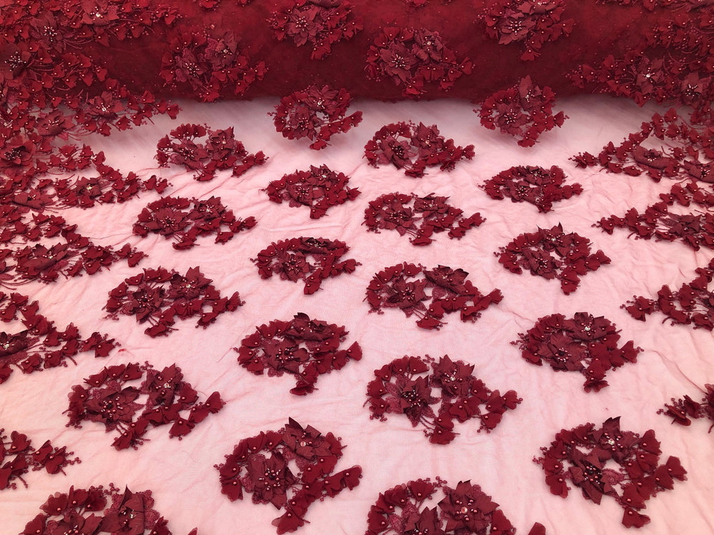 Floral 3D - Burgundy Beaded Embroided Pattern with Pearls High Quality Fabric Sold by The Yard