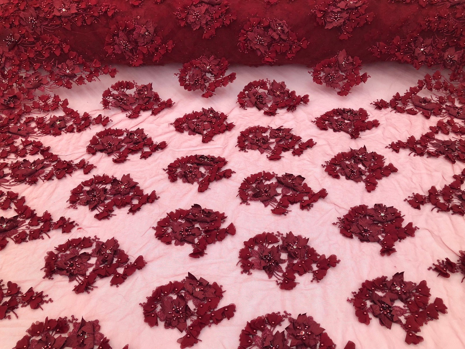 Floral 3D - Burgundy Beaded Embroided Pattern with Pearls High Quality Fabric Sold by The Yard