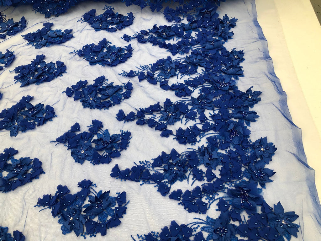 Floral 3D - Royal Blue Beaded Embroided Pattern with Pearls High Quality Fabric Sold by The Yard