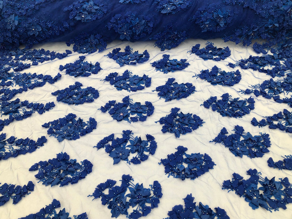 Floral 3D - Royal Blue Beaded Embroided Pattern with Pearls High Quality Fabric Sold by The Yard
