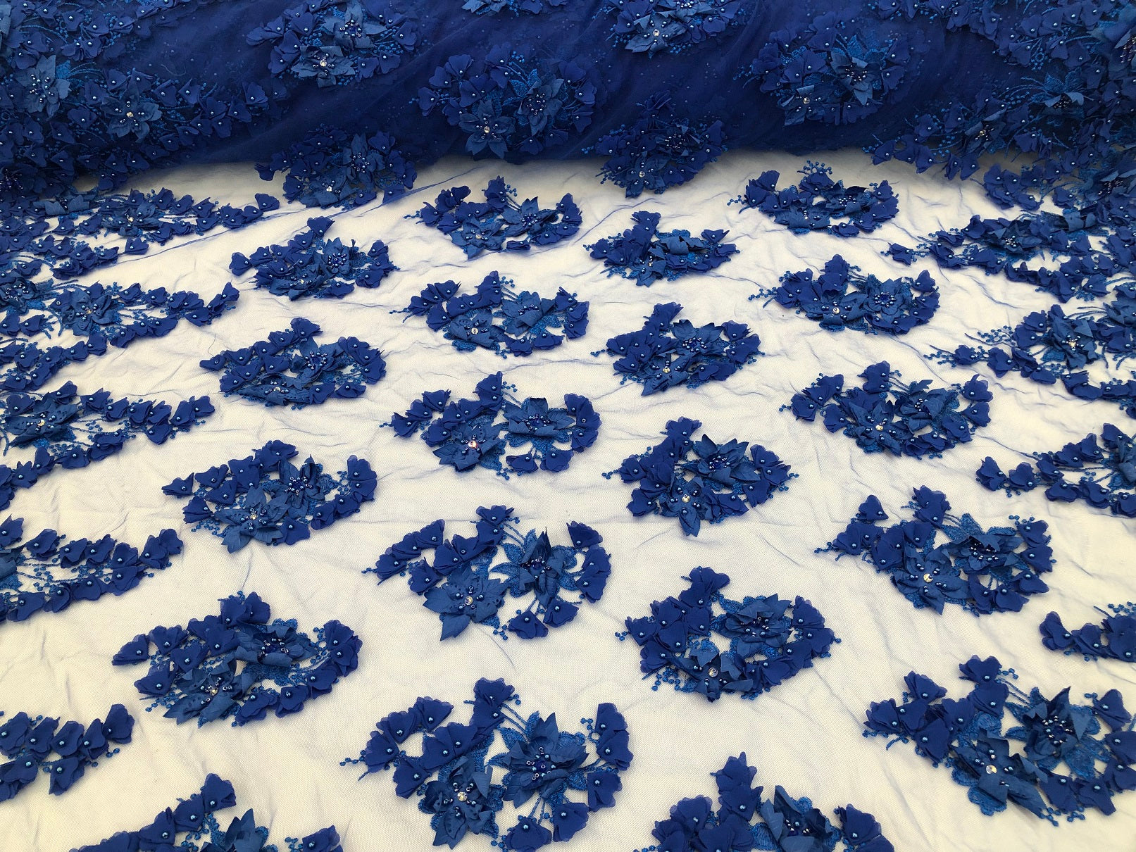 Floral 3D - Royal Blue Beaded Embroided Pattern with Pearls High Quality Fabric Sold by The Yard
