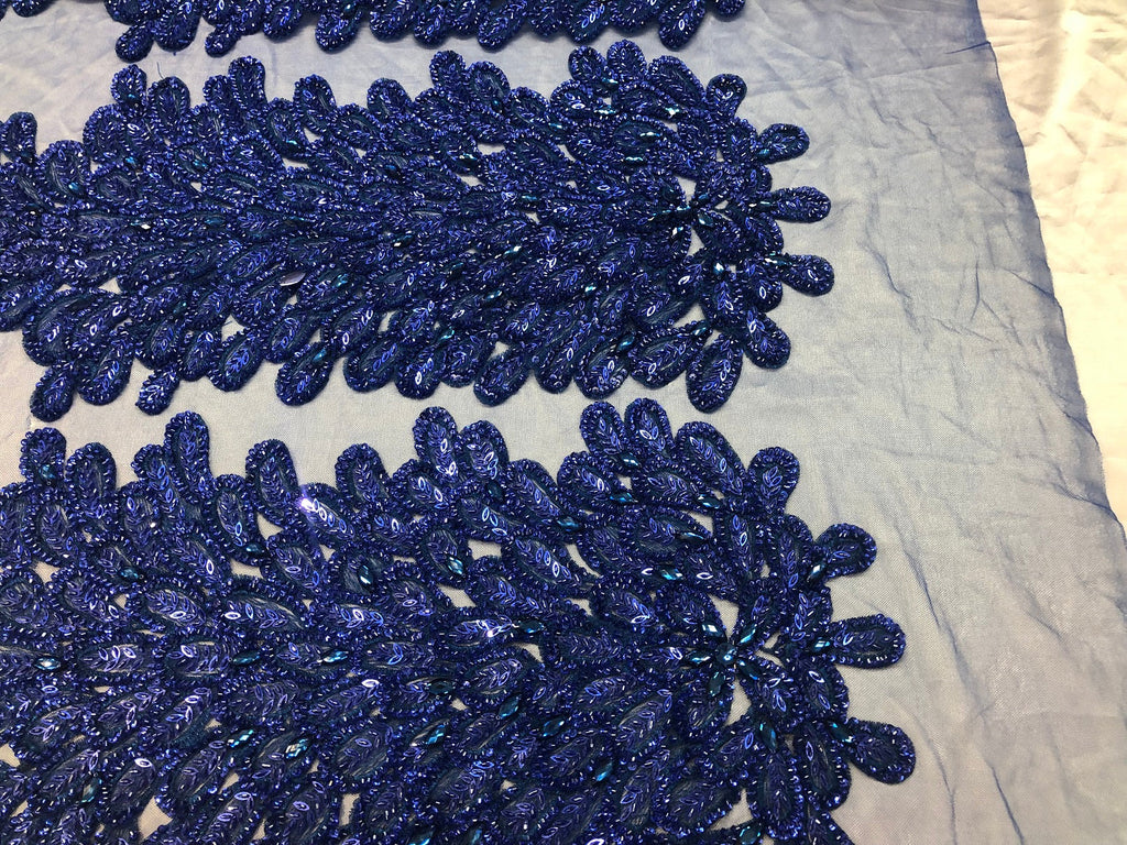 Peacock Feathers Royal Blue Beaded Peacock Feathers Embroider On Mesh Dress-Prom-Gown By 2 Feathers